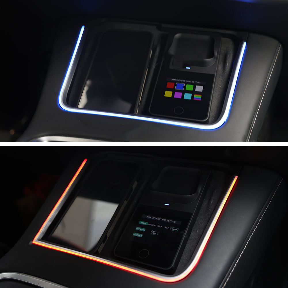 Chargeur sans fil Tesla Model 3 &amp; Y avec lumière ambiante LED, console centrale, chargeur de téléphone