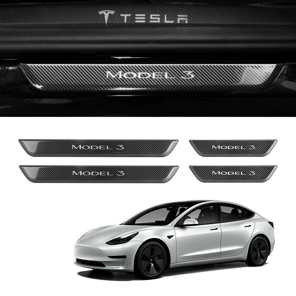 Silver tesla model 3 illuminated door sill