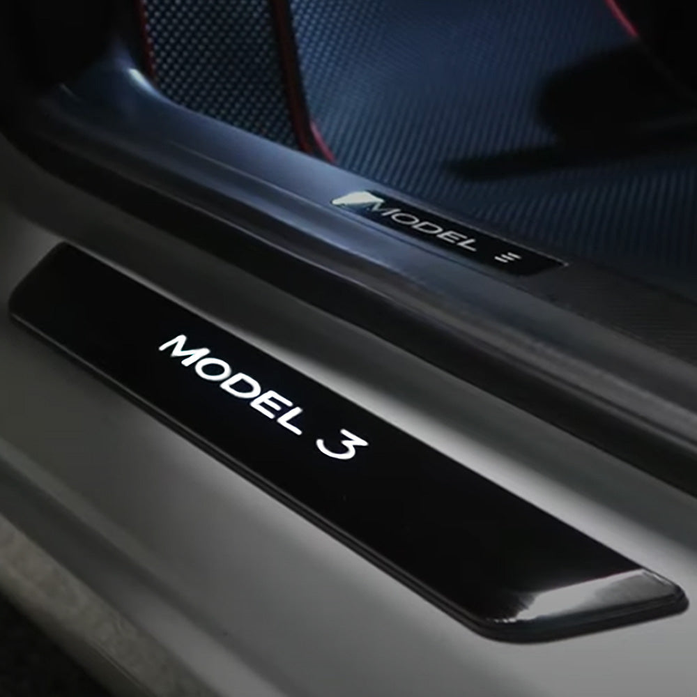 Model 3 Gloss carbon fiber rear door and front illuminated door sills