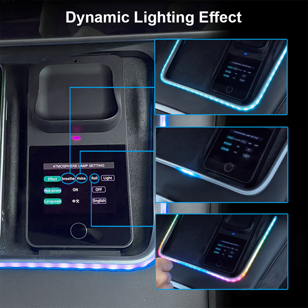 Chargeur sans fil Tesla Model 3 &amp; Y avec lumière ambiante LED, console centrale, chargeur de téléphone