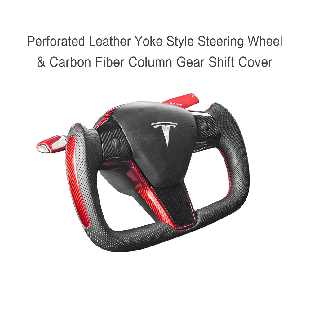 Model Y/3 Yoke Style Steering Wheel With Red Sport Style/Red Column Gear Shift Cover