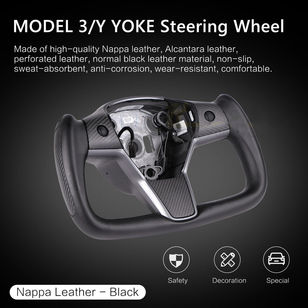 Maxamera Model 3/Y Yoke Steering Wheel Nappa Black Leather Ellipse style with Heated Feature